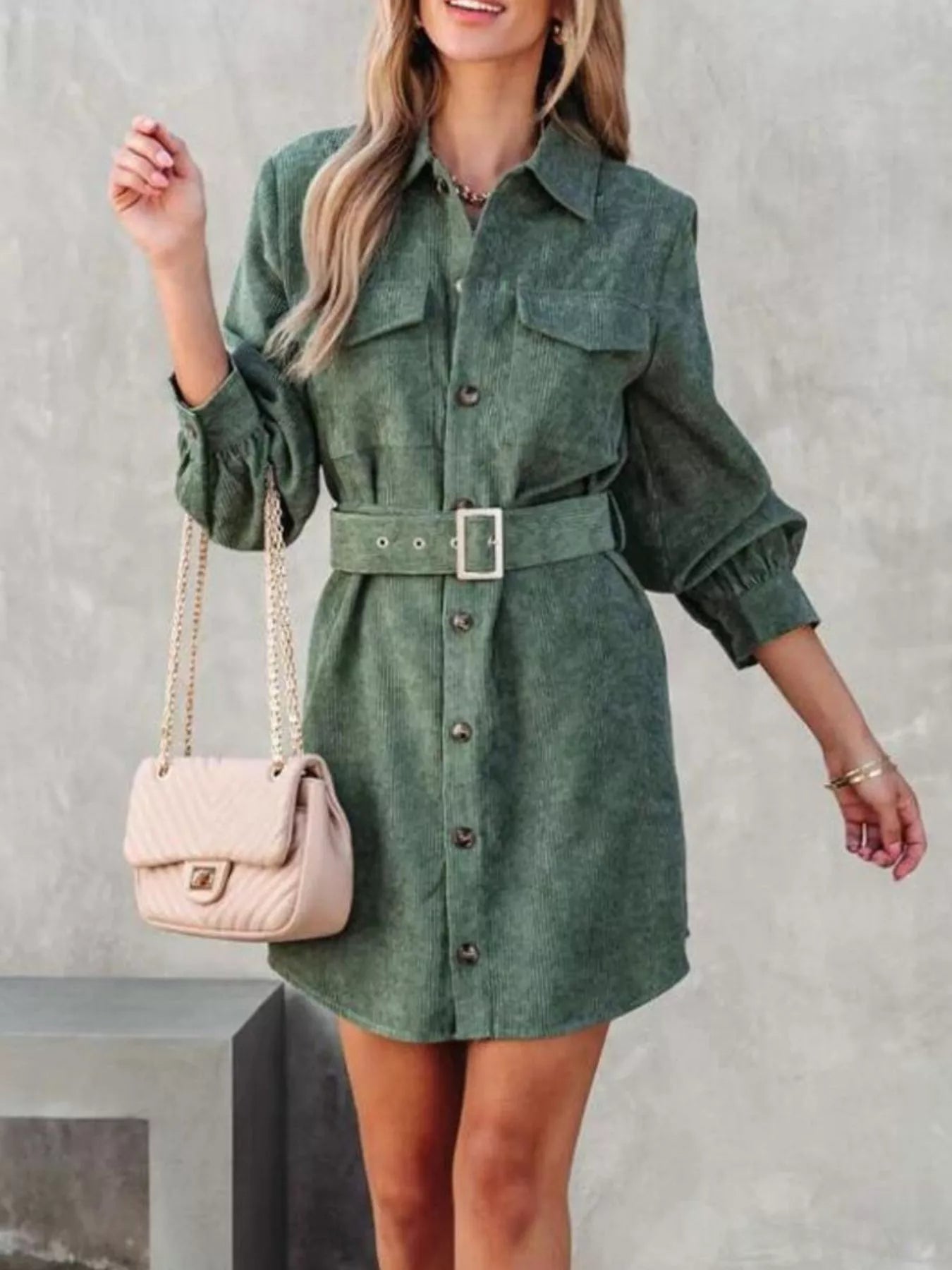 Button Front Belt Long Sleeve Corduroy Dress Crimson Medea
