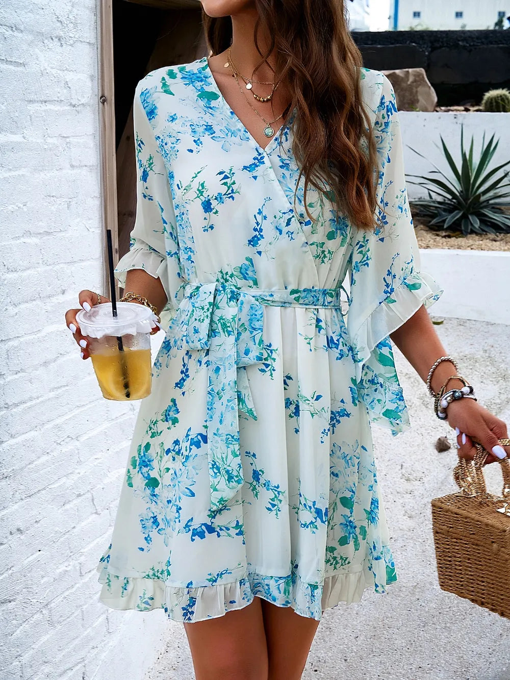 Ruffled Printed Mini Dress with Surplice Neckline and Half Sleeves Crimson Medea