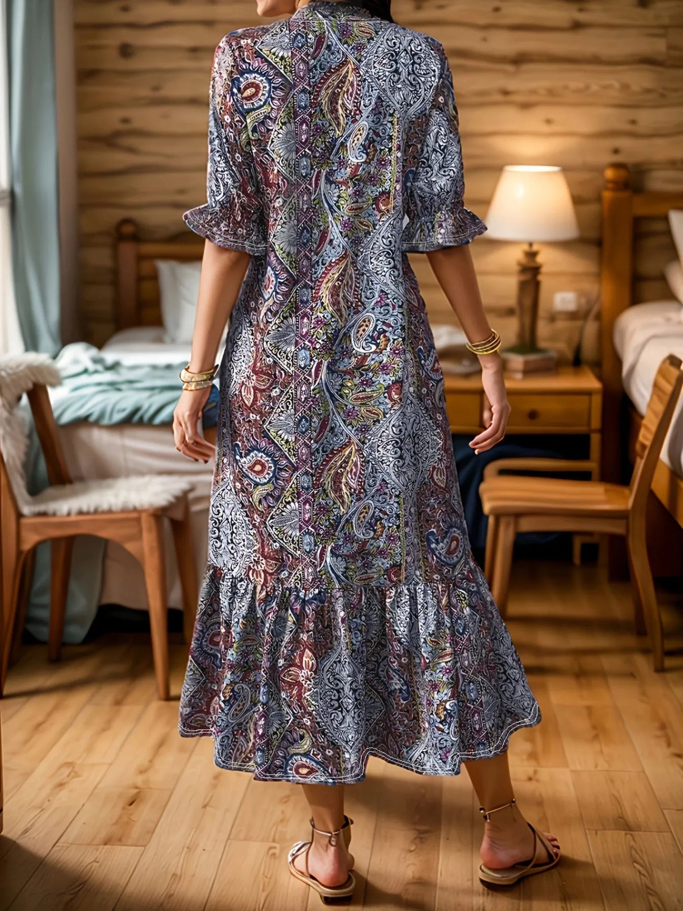 Paisley Print Ruffle Midi Dress - Plus Size Boho Style Crimson Medea