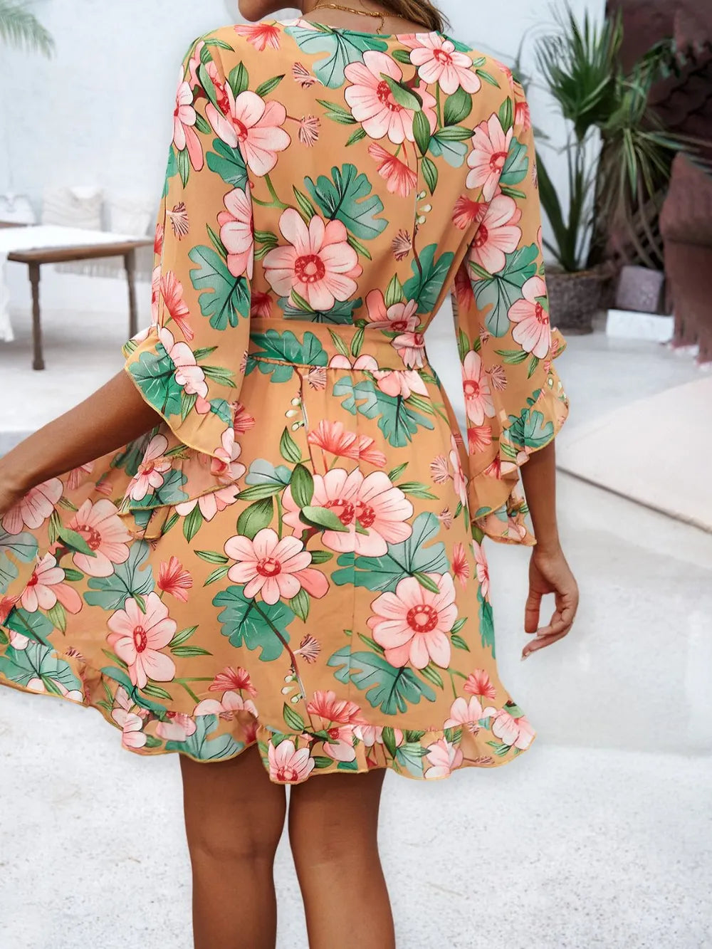 Ruffled Printed Mini Dress with Surplice Neckline and Half Sleeves Crimson Medea