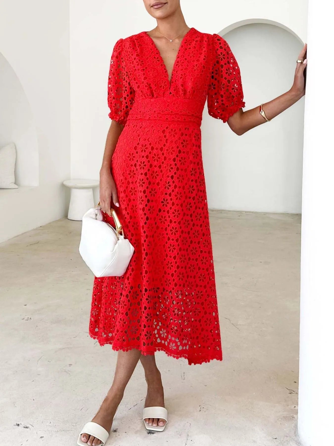 Eyelet Lace V-Neck Midi Dress with Puff Sleeves Crimson Medea
