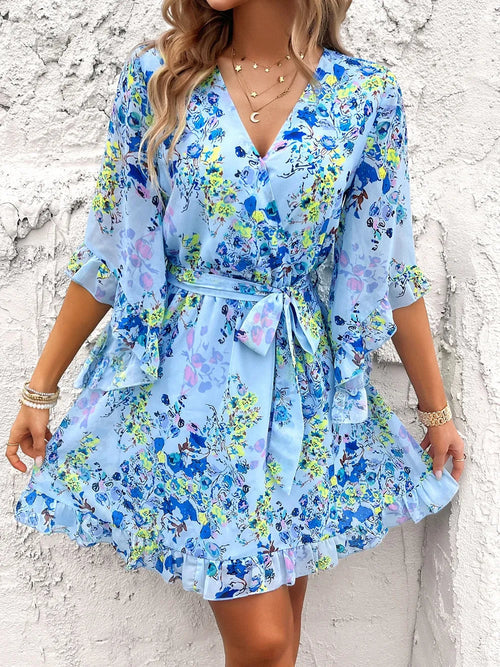 Ruffled Printed Mini Dress with Surplice Neckline and Half Sleeves Crimson Medea