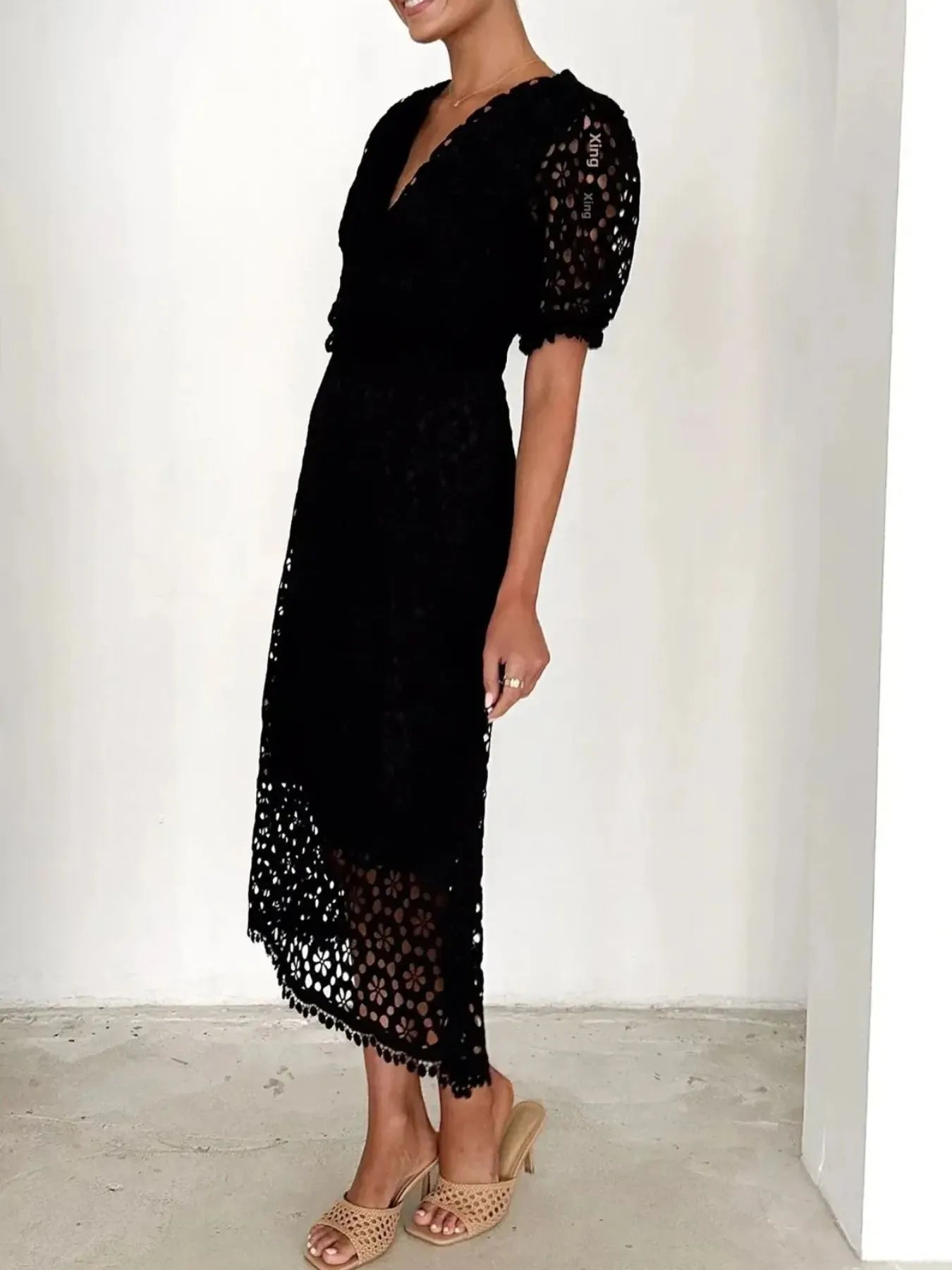 Eyelet Lace V-Neck Midi Dress with Puff Sleeves Crimson Medea