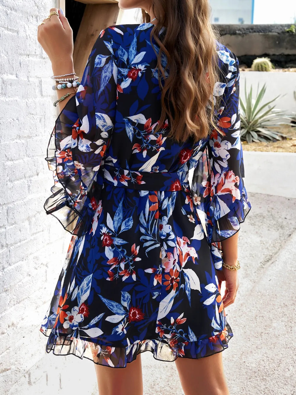 Ruffled Printed Mini Dress with Surplice Neckline and Half Sleeves Crimson Medea