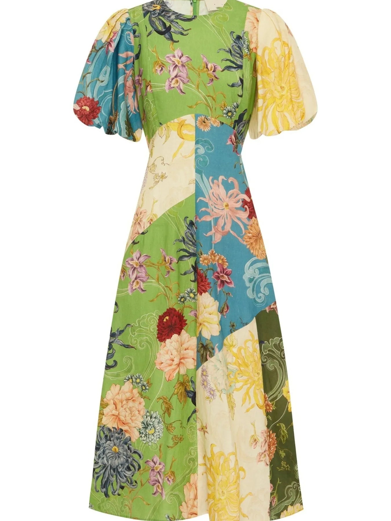 Printed Round Neck Puff Sleeve Dress Crimson Medea