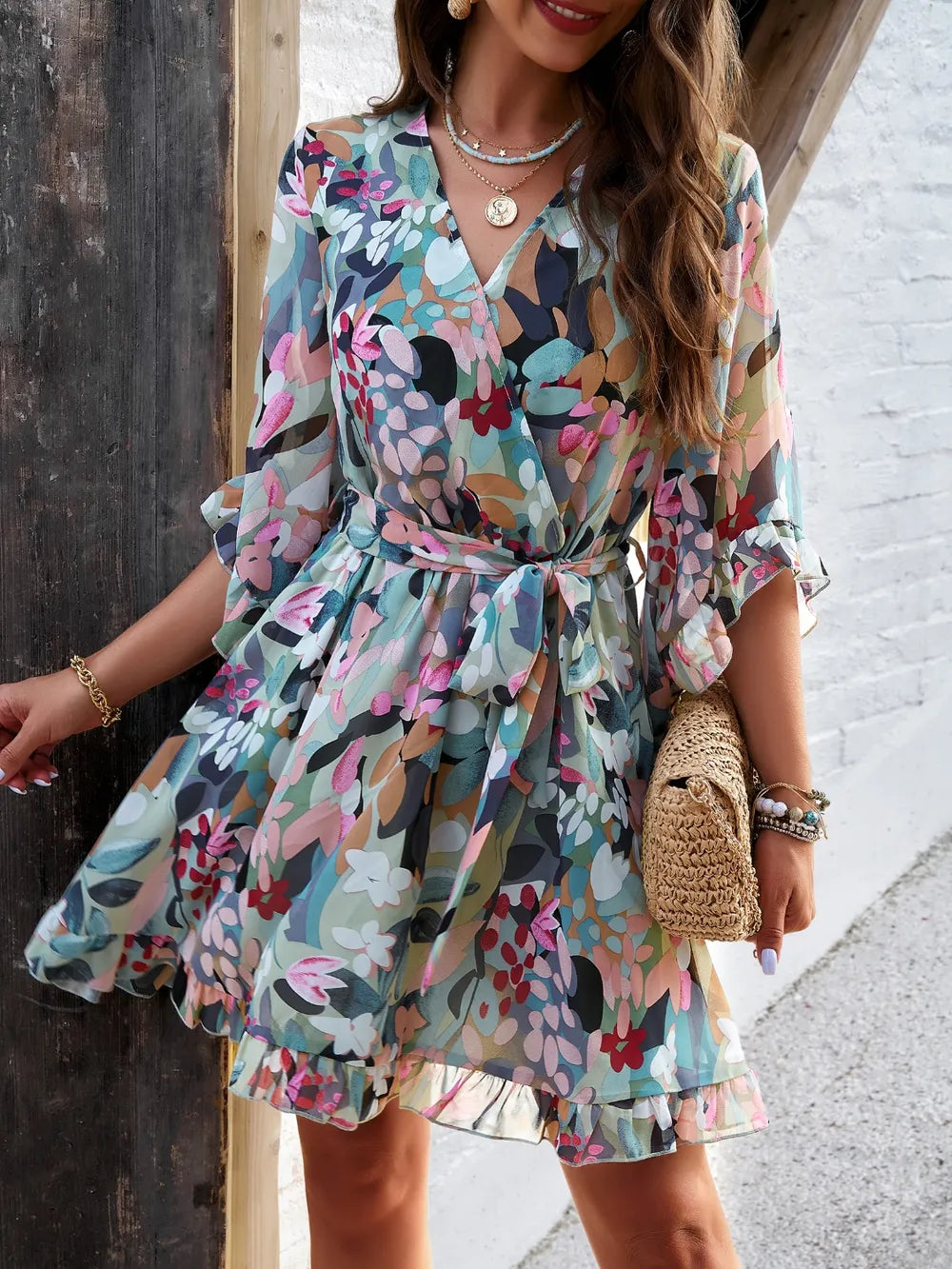 Ruffled Printed Mini Dress with Surplice Neckline and Half Sleeves Crimson Medea
