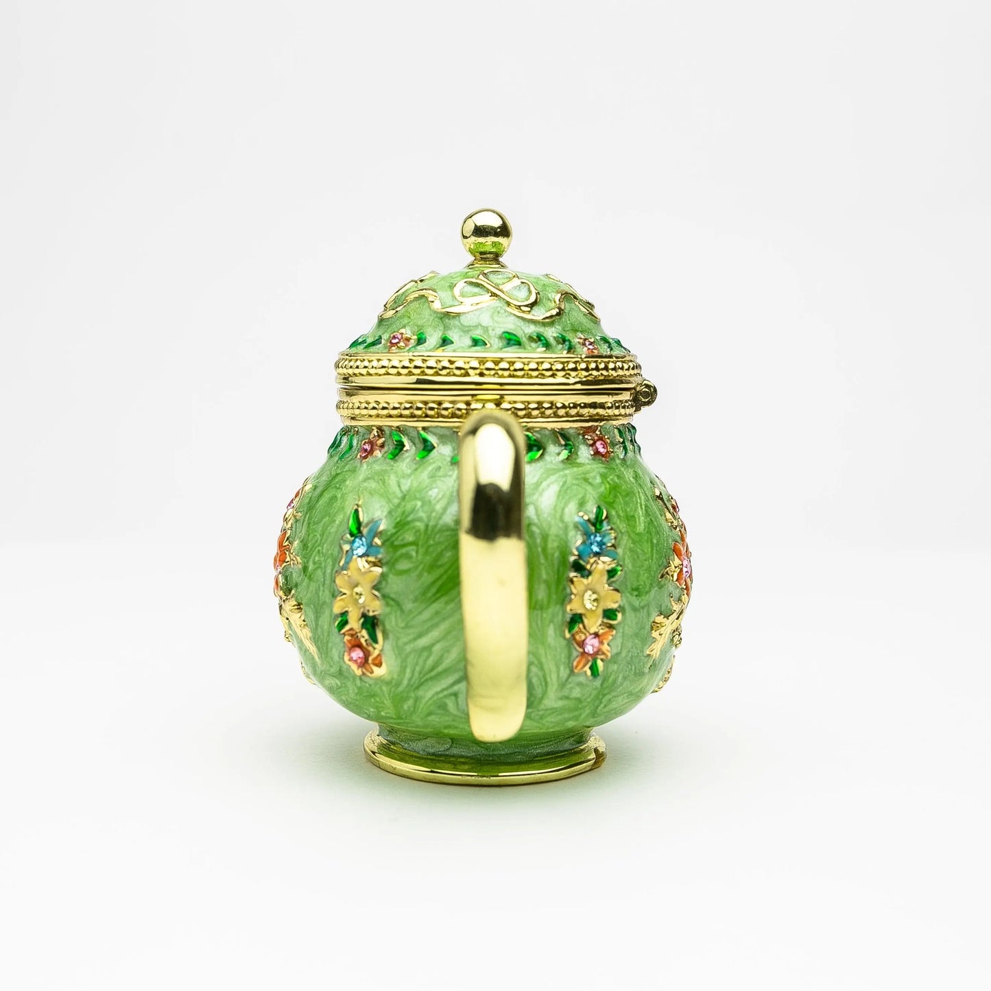 Green Teapot Enamel Decorative Box with Sparkling Austrian Crystals - Collectible Gift Piece Orchid Menoetius