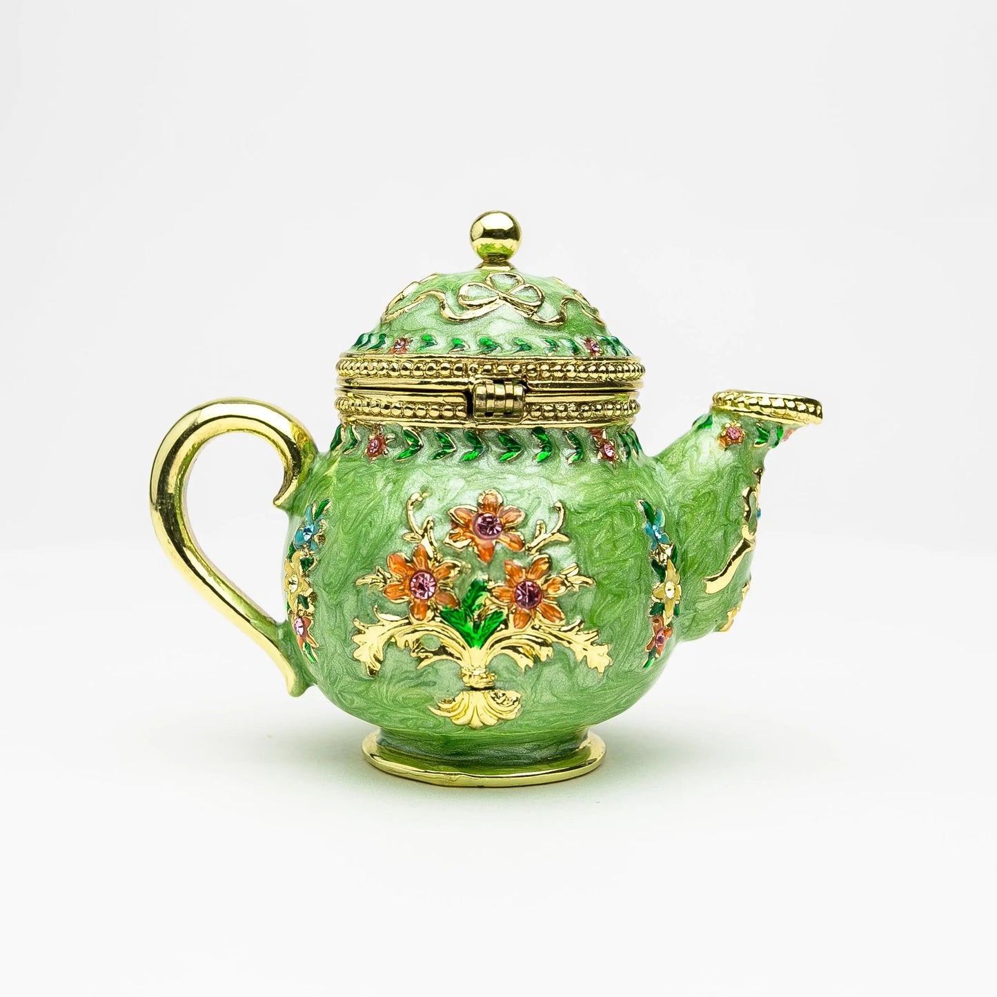 Green Teapot Enamel Decorative Box with Sparkling Austrian Crystals - Collectible Gift Piece Orchid Menoetius