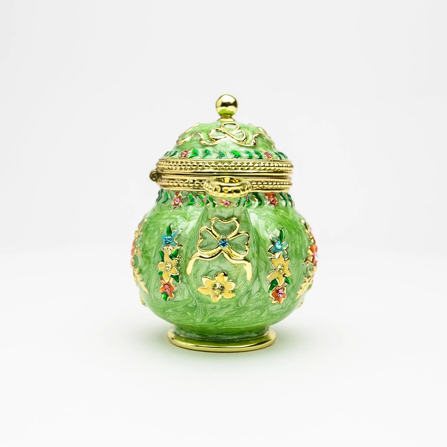 Green Teapot Enamel Decorative Box with Sparkling Austrian Crystals - Collectible Gift Piece Orchid Menoetius