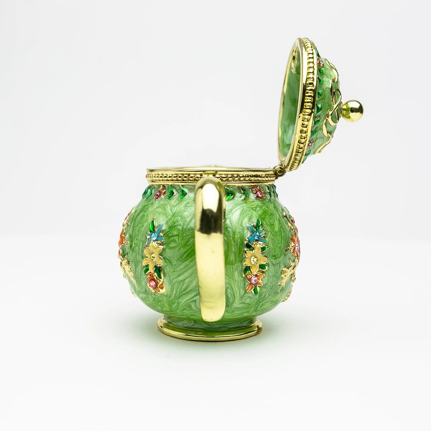 Green Teapot Enamel Decorative Box with Sparkling Austrian Crystals - Collectible Gift Piece Orchid Menoetius