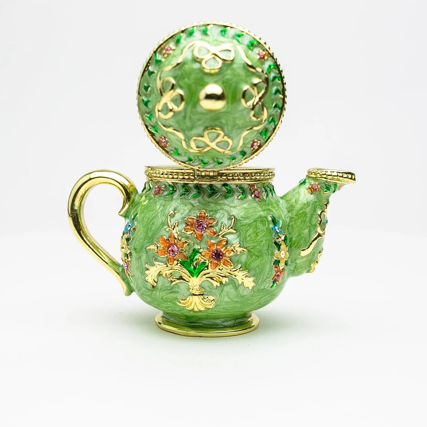 Green Teapot Enamel Decorative Box with Sparkling Austrian Crystals - Collectible Gift Piece Orchid Menoetius