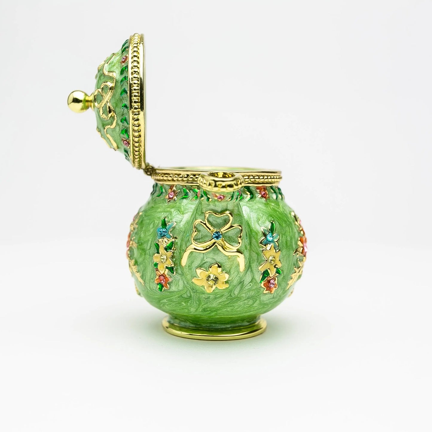 Green Teapot Enamel Decorative Box with Sparkling Austrian Crystals - Collectible Gift Piece Orchid Menoetius