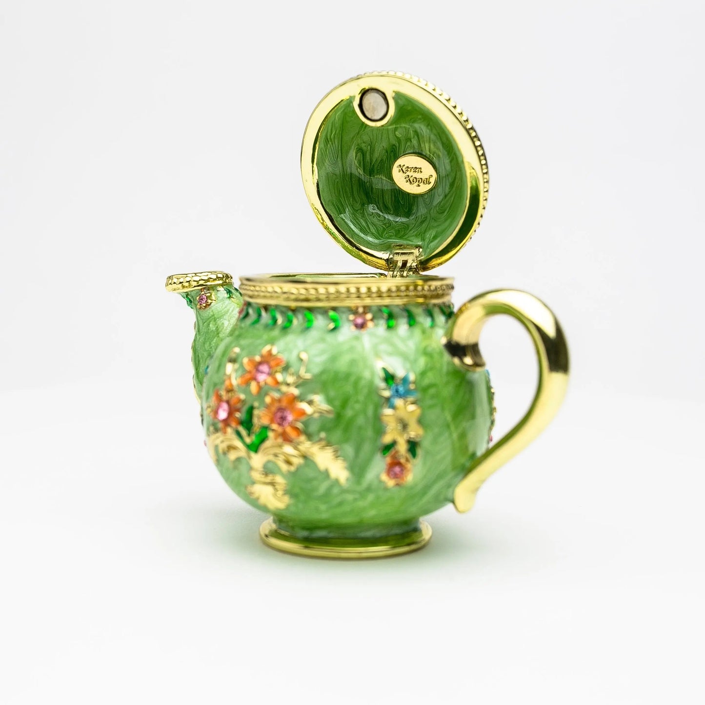 Green Teapot Enamel Decorative Box with Sparkling Austrian Crystals - Collectible Gift Piece Orchid Menoetius