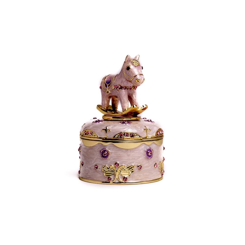 Pink Rocking Horse Music Box - Enamel Painted & Crystal Embellished Collectible Orchid Menoetius