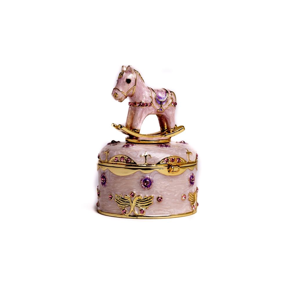 Pink Rocking Horse Music Box - Enamel Painted & Crystal Embellished Collectible Orchid Menoetius