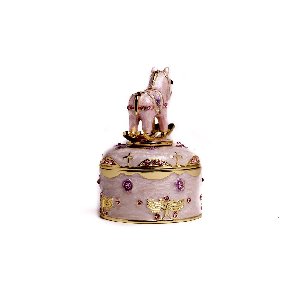 Pink Rocking Horse Music Box - Enamel Painted & Crystal Embellished Collectible Orchid Menoetius