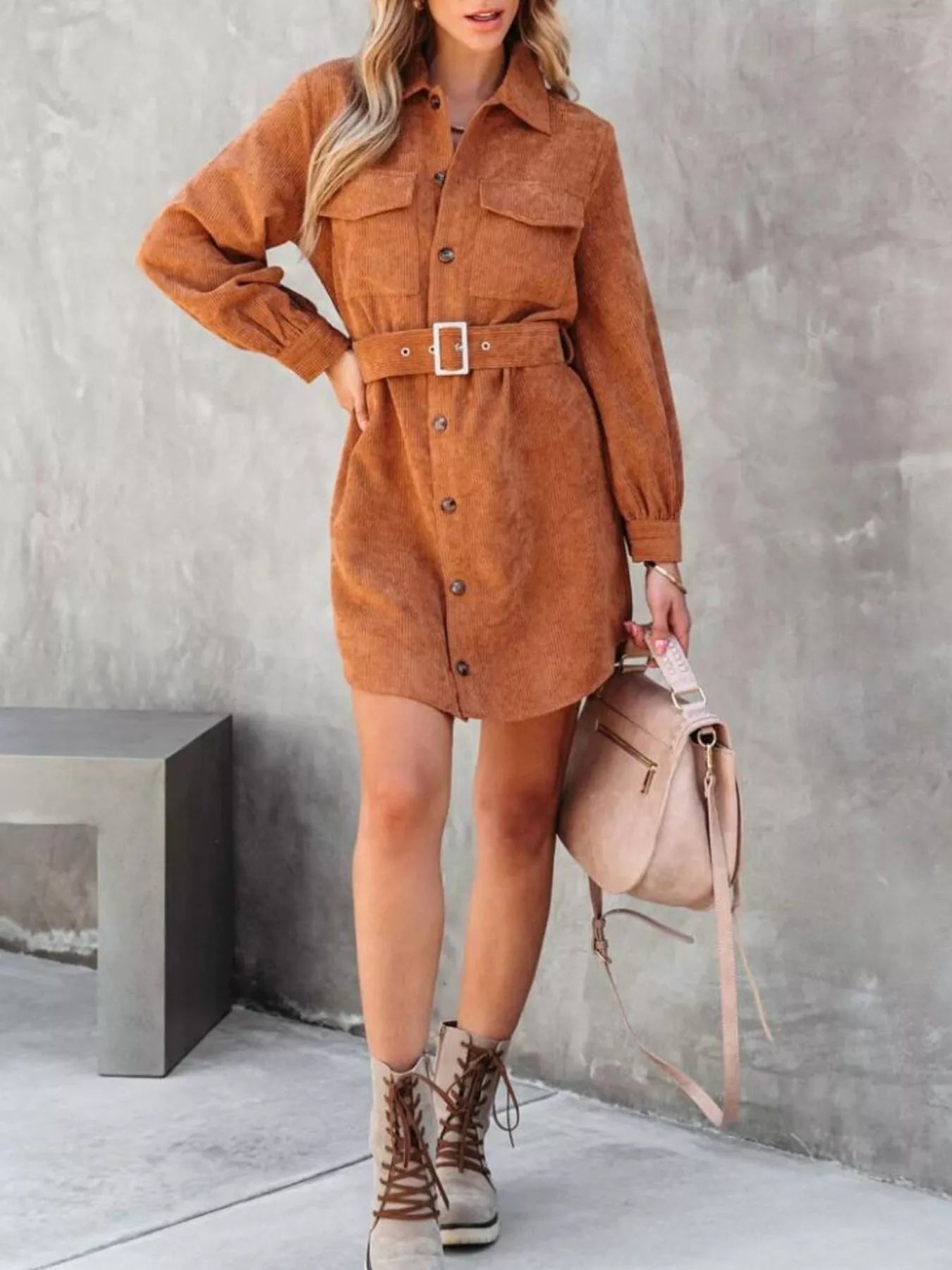 Button Front Belt Long Sleeve Corduroy Dress Crimson Medea