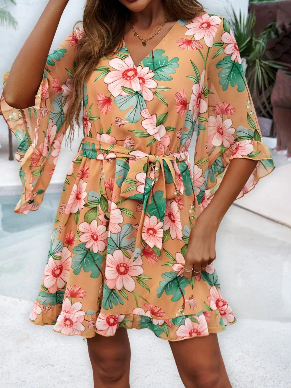 Ruffled Printed Mini Dress with Surplice Neckline and Half Sleeves Crimson Medea