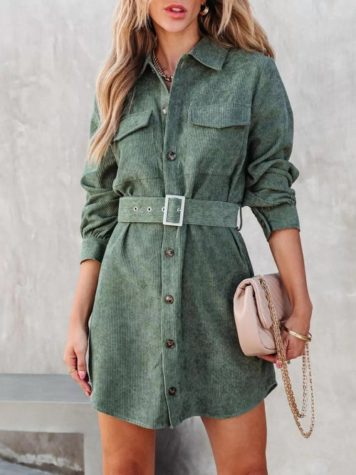 Button Front Belt Long Sleeve Corduroy Dress Crimson Medea