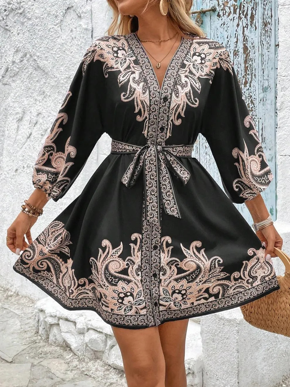 Paisley V-Neck 3/4 Sleeve Mini Dress – Elegant Boho Style Crimson Medea