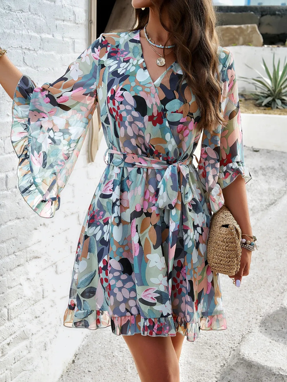 Ruffled Printed Mini Dress with Surplice Neckline and Half Sleeves Crimson Medea