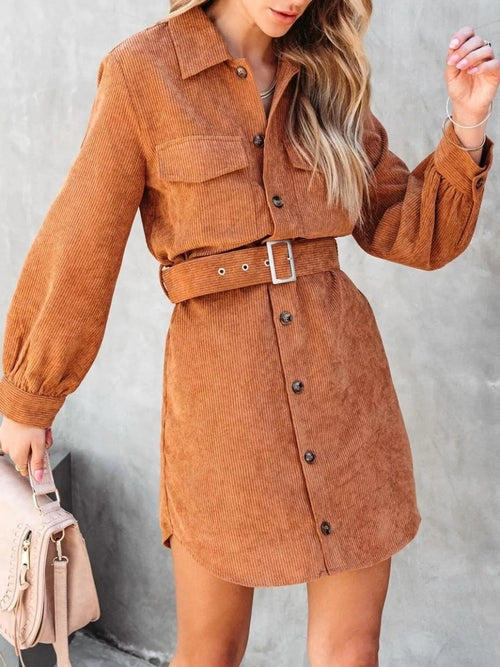Button Front Belt Long Sleeve Corduroy Dress Crimson Medea