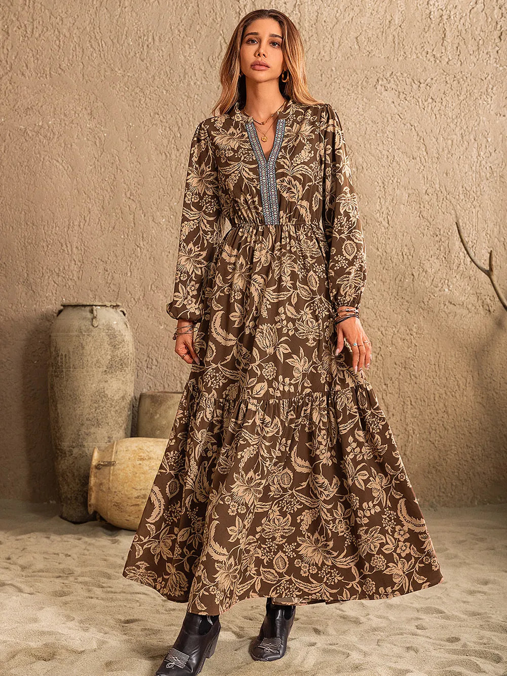 Printed Ruched Long Sleeve Maxi Dress - Elegant Notched Neck Style Crimson Medea