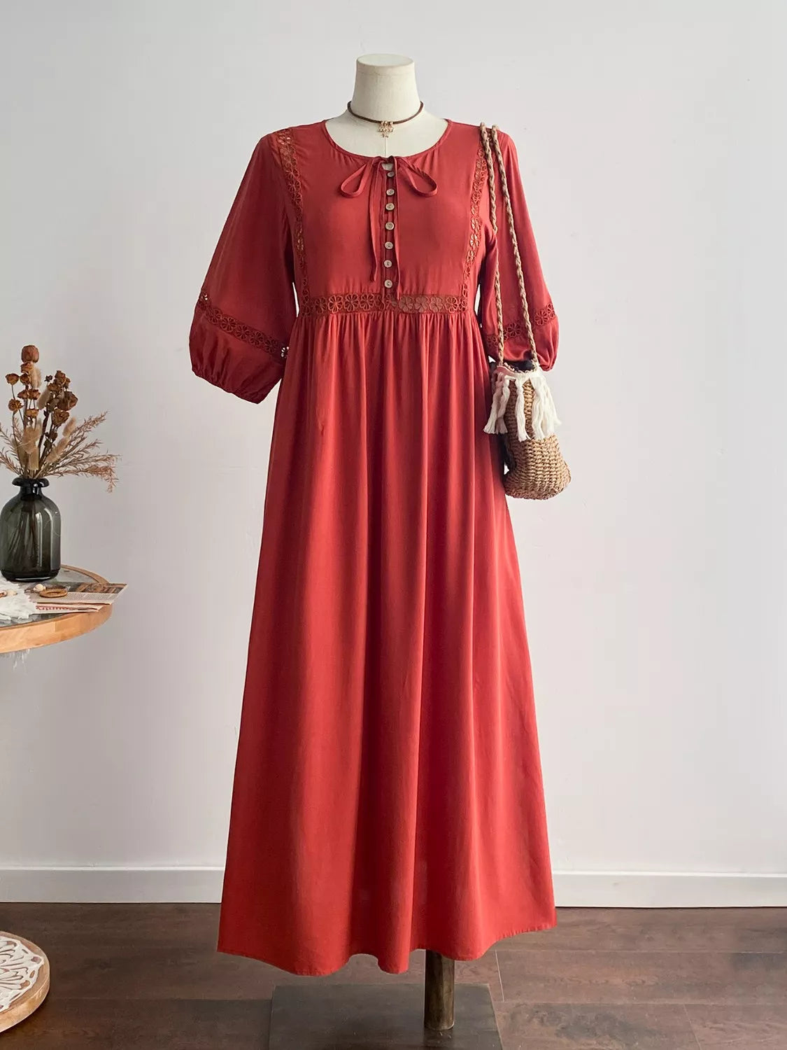 Plus Size Tie Neck Puff Sleeve Midi Dress with Lace Trim Crimson Medea