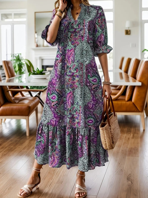 Paisley Print Ruffle Midi Dress - Plus Size Boho Style Crimson Medea