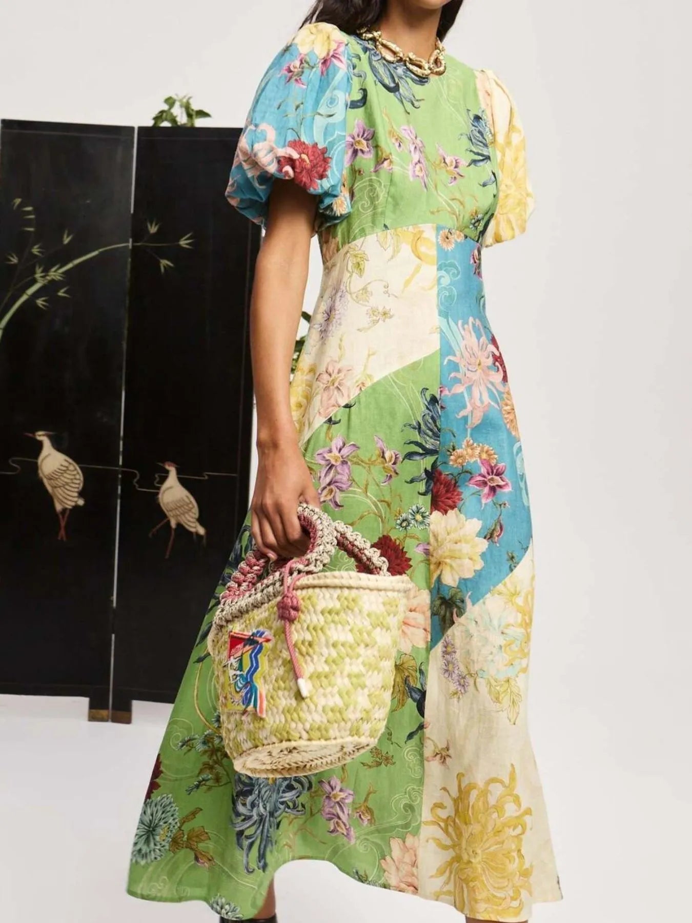 Printed Round Neck Puff Sleeve Dress Crimson Medea