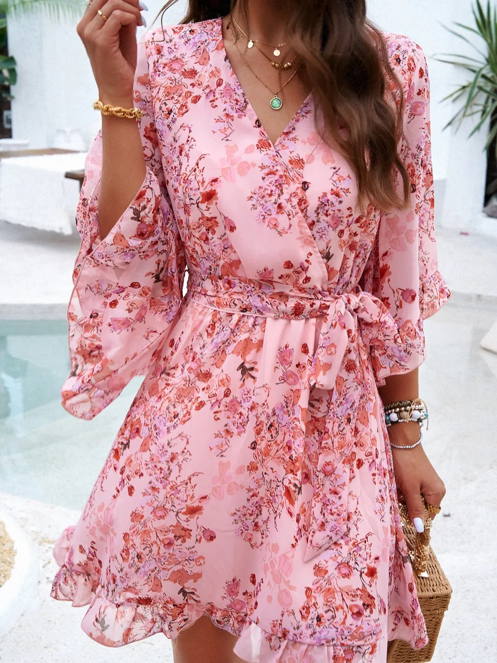 Ruffled Printed Mini Dress with Surplice Neckline and Half Sleeves Crimson Medea