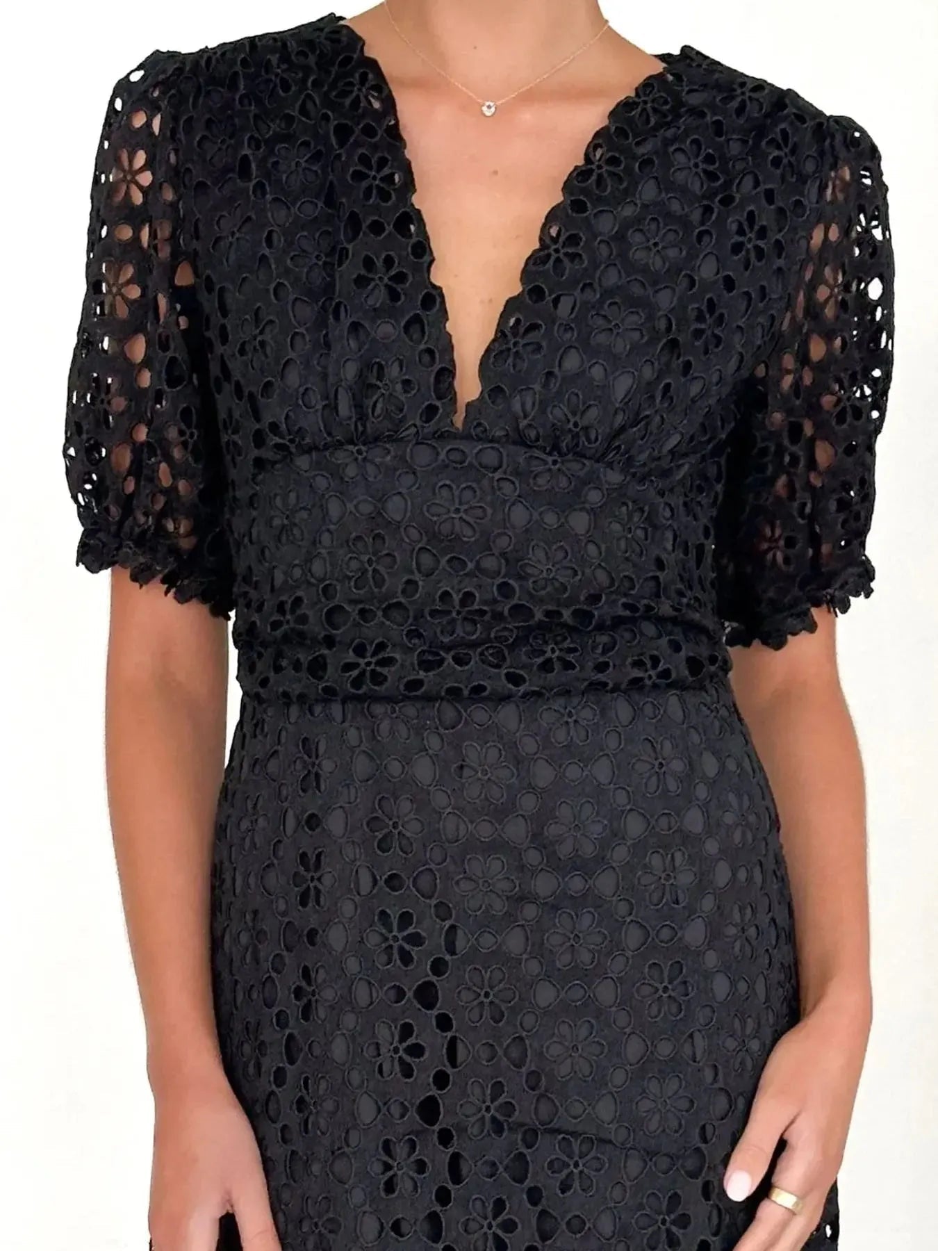 Eyelet Lace V-Neck Midi Dress with Puff Sleeves Crimson Medea