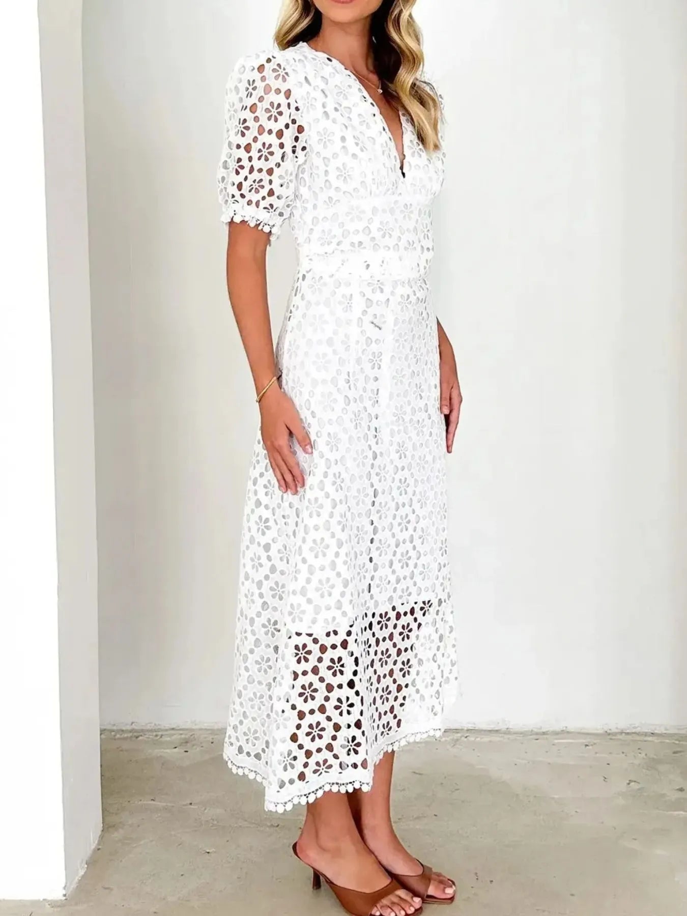 Eyelet Lace V-Neck Midi Dress with Puff Sleeves Crimson Medea