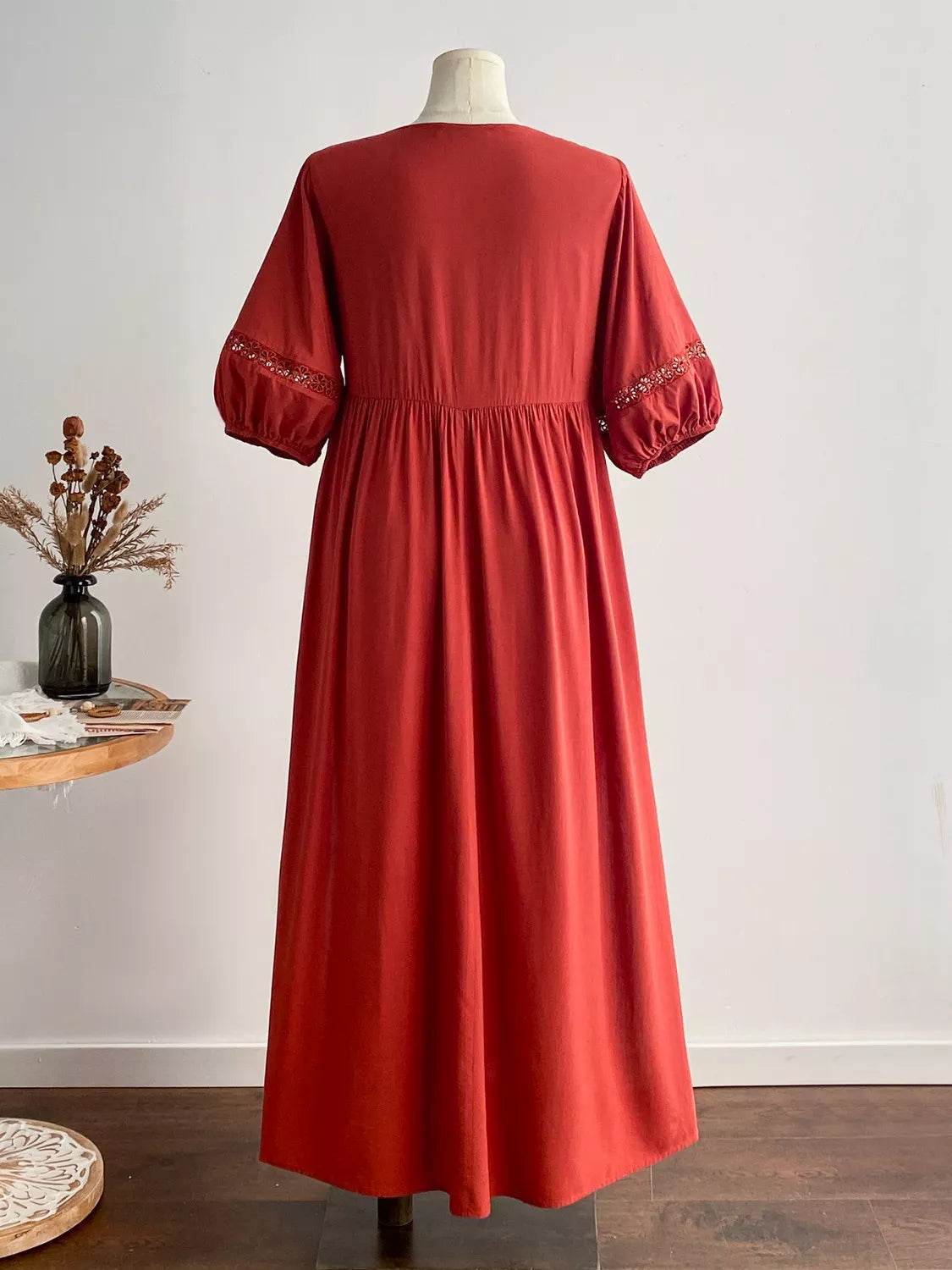 Plus Size Tie Neck Puff Sleeve Midi Dress with Lace Trim Crimson Medea