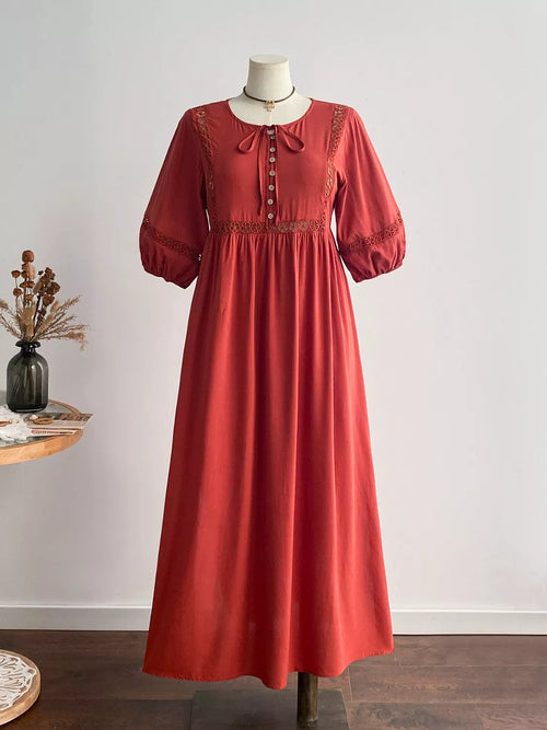 Plus Size Tie Neck Puff Sleeve Midi Dress with Lace Trim Crimson Medea