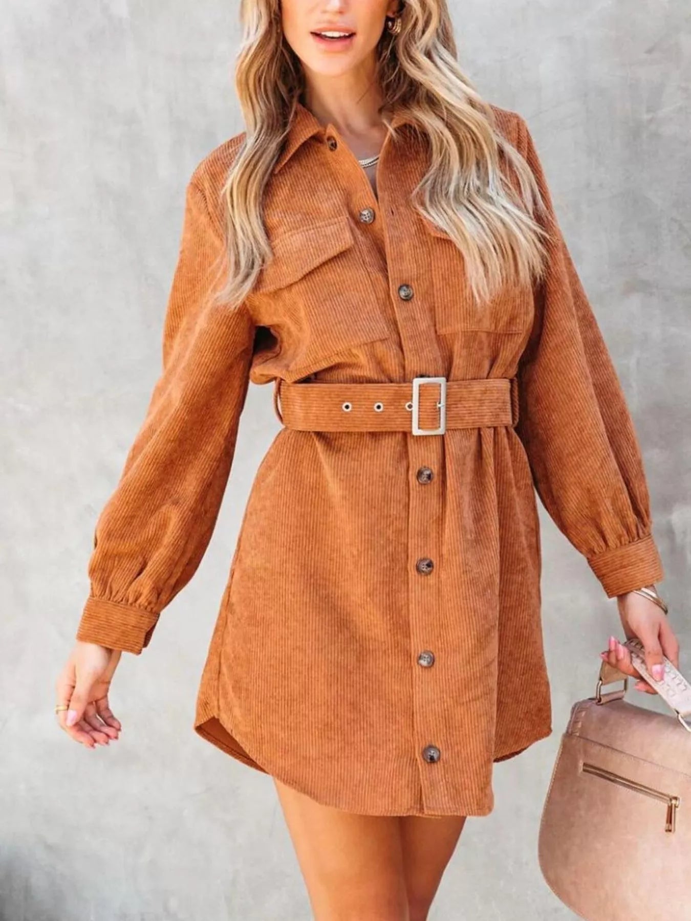 Button Front Belt Long Sleeve Corduroy Dress Crimson Medea
