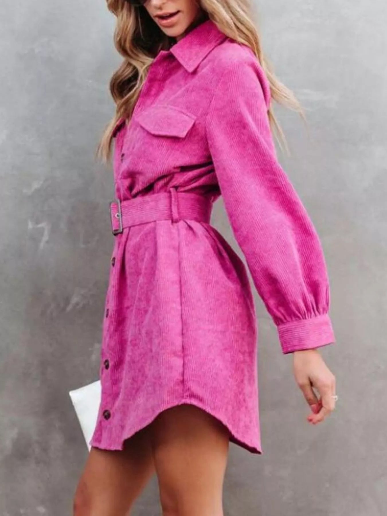 Button Front Belt Long Sleeve Corduroy Dress Crimson Medea