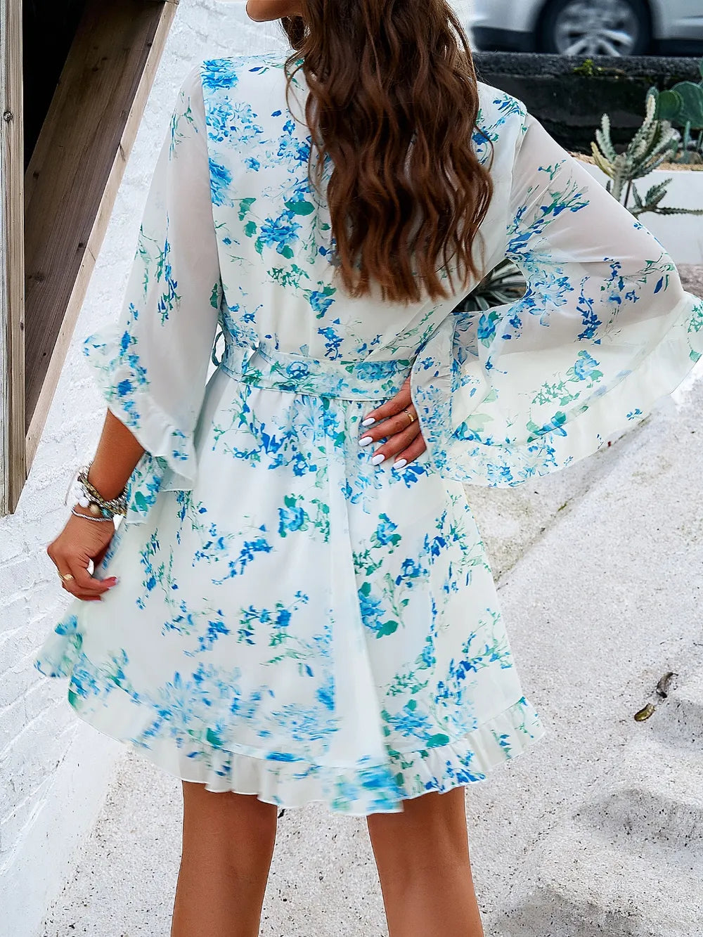 Ruffled Printed Mini Dress with Surplice Neckline and Half Sleeves Crimson Medea