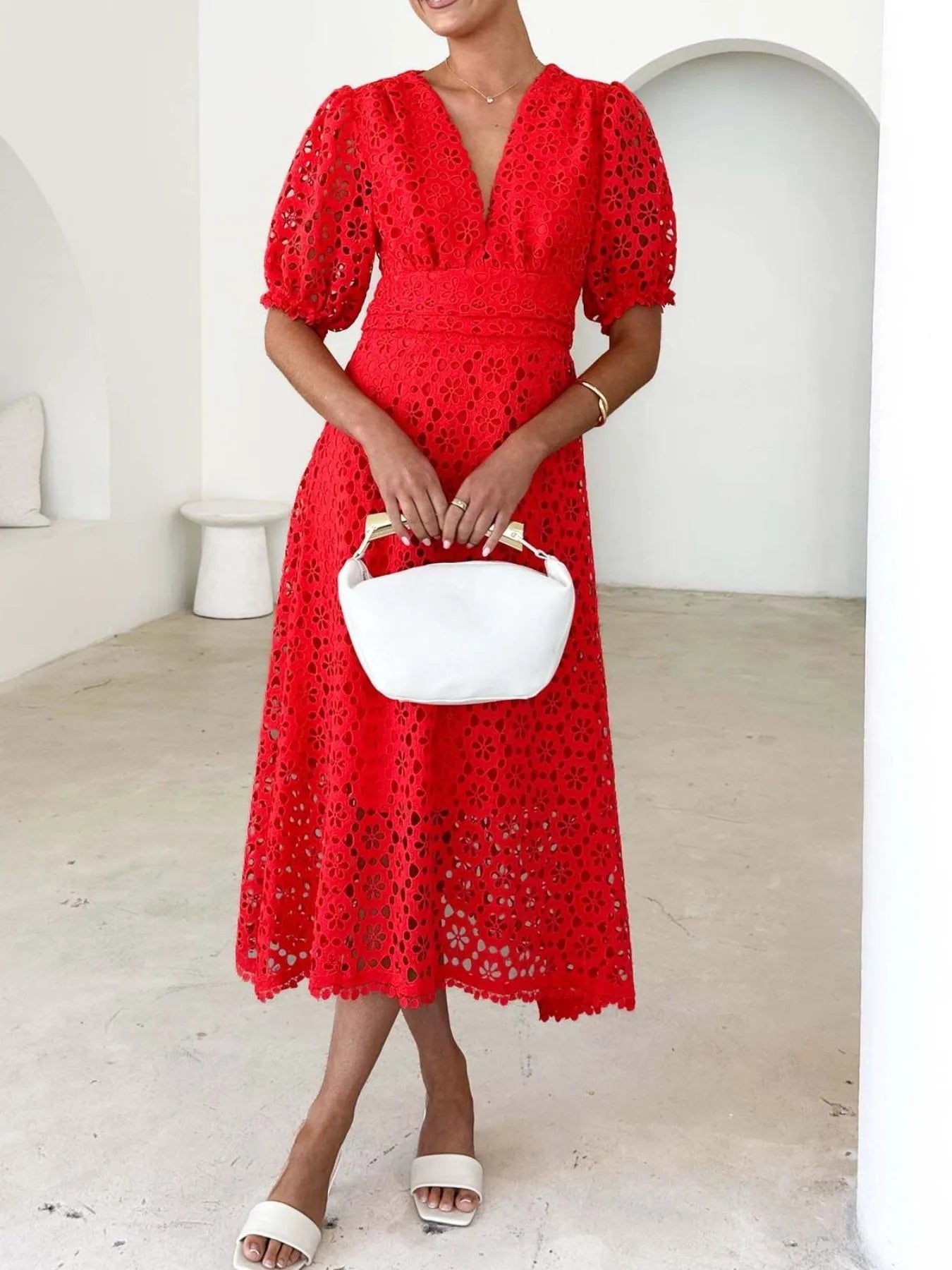 Eyelet Lace V-Neck Midi Dress with Puff Sleeves Crimson Medea