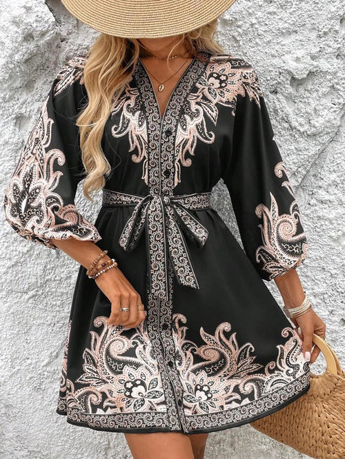 Paisley V-Neck 3/4 Sleeve Mini Dress – Elegant Boho Style Crimson Medea