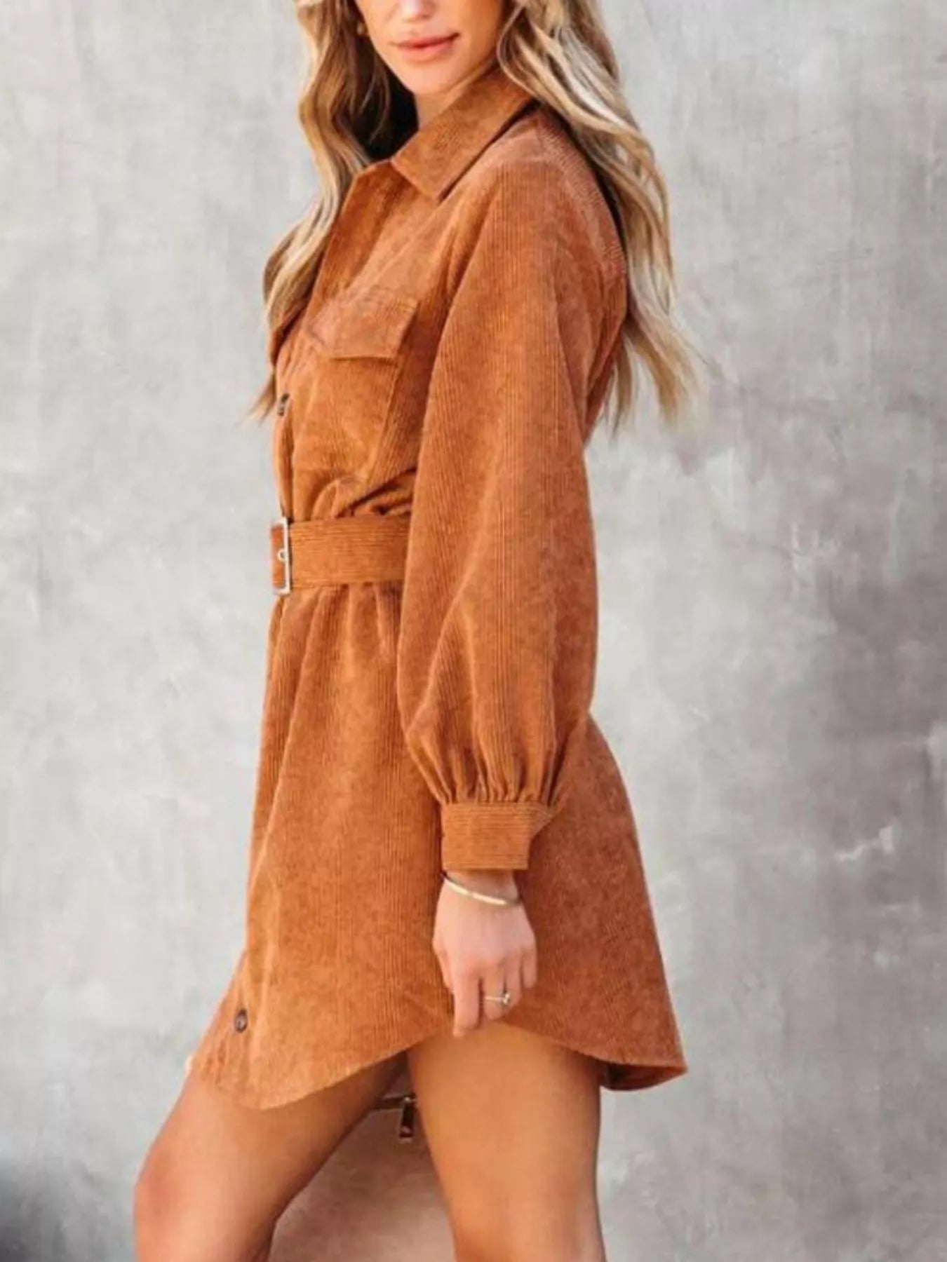 Button Front Belt Long Sleeve Corduroy Dress Crimson Medea