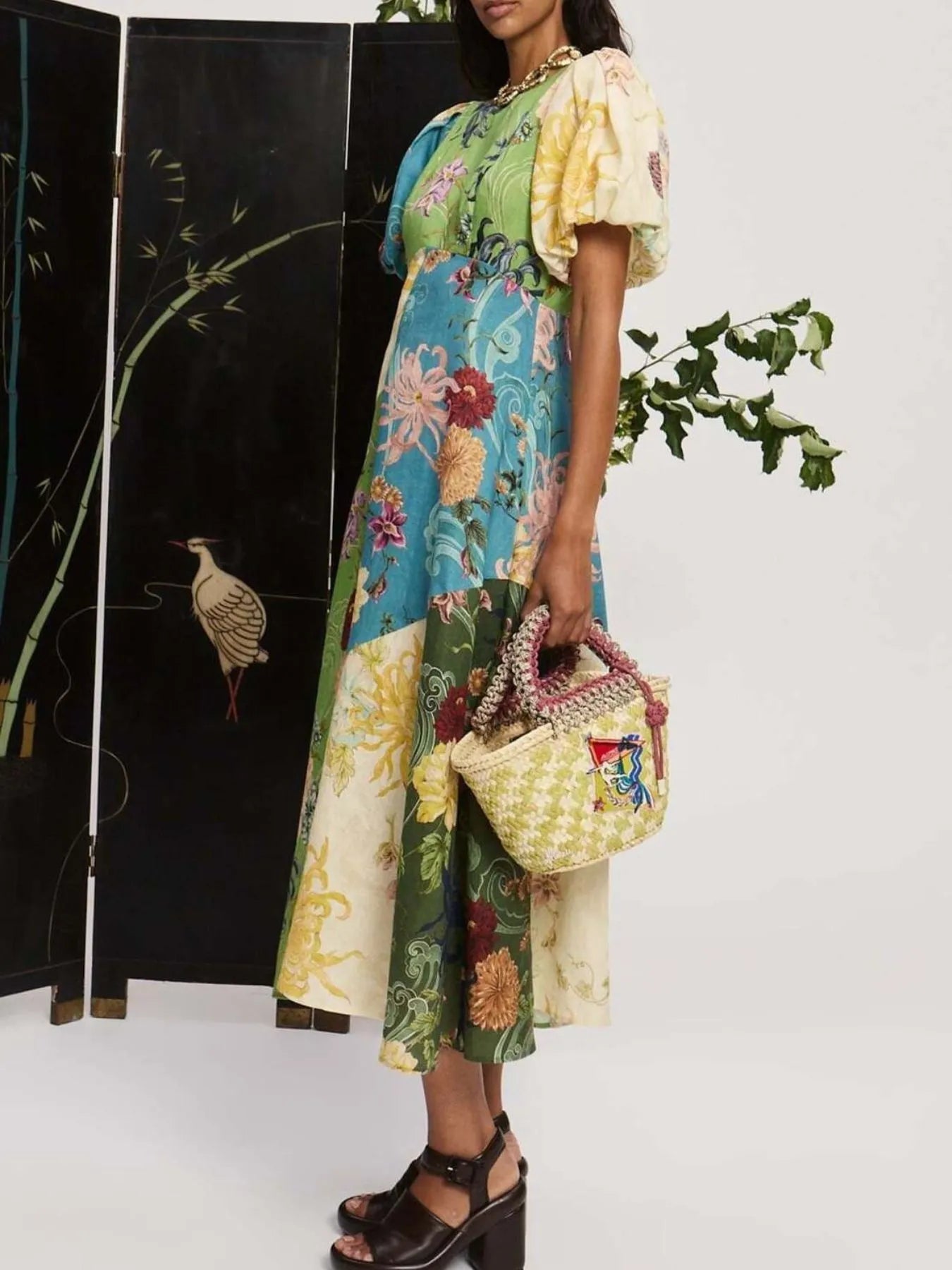 Printed Round Neck Puff Sleeve Dress Crimson Medea