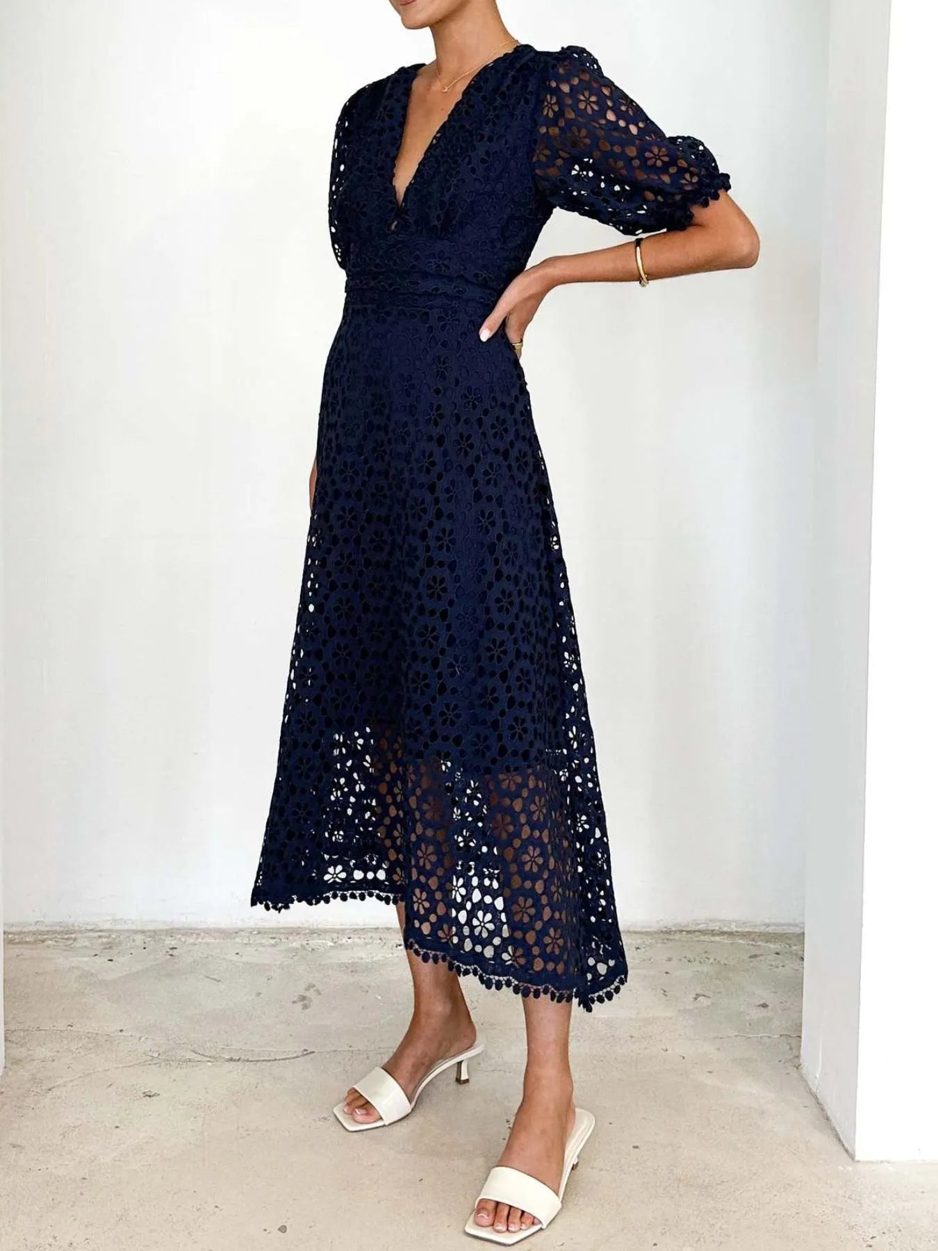 Eyelet Lace V-Neck Midi Dress with Puff Sleeves Crimson Medea