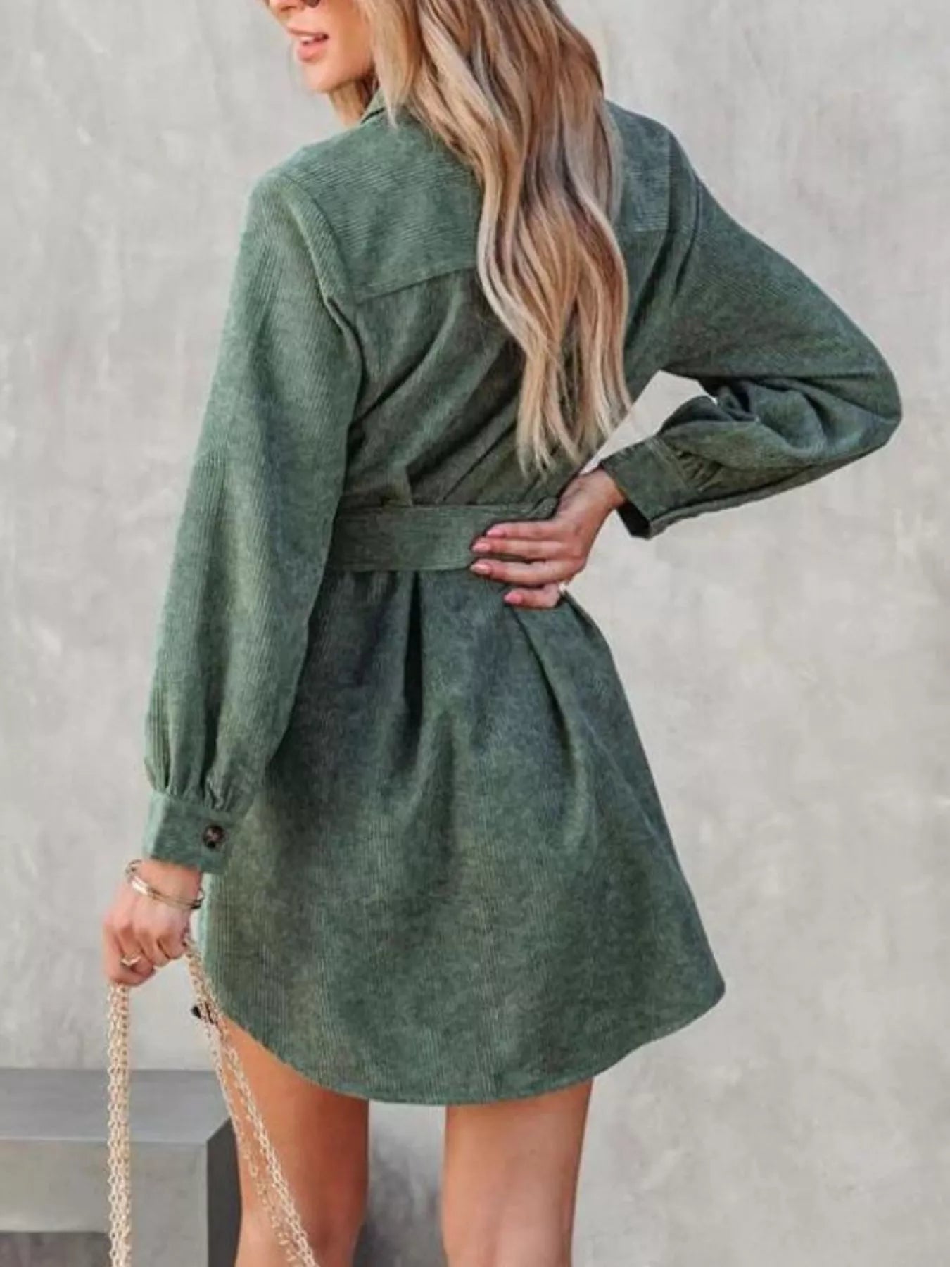 Button Front Belt Long Sleeve Corduroy Dress Crimson Medea