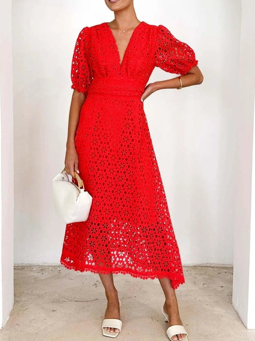 Eyelet Lace V-Neck Midi Dress with Puff Sleeves Crimson Medea