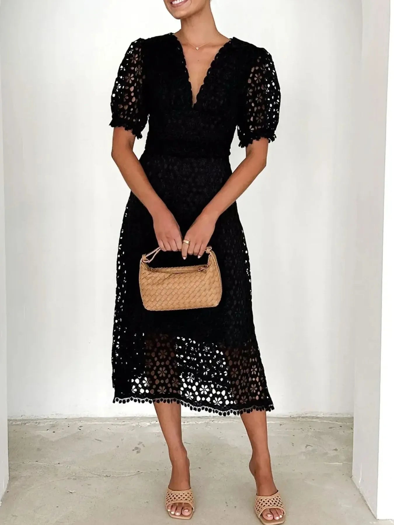 Eyelet Lace V-Neck Midi Dress with Puff Sleeves Crimson Medea