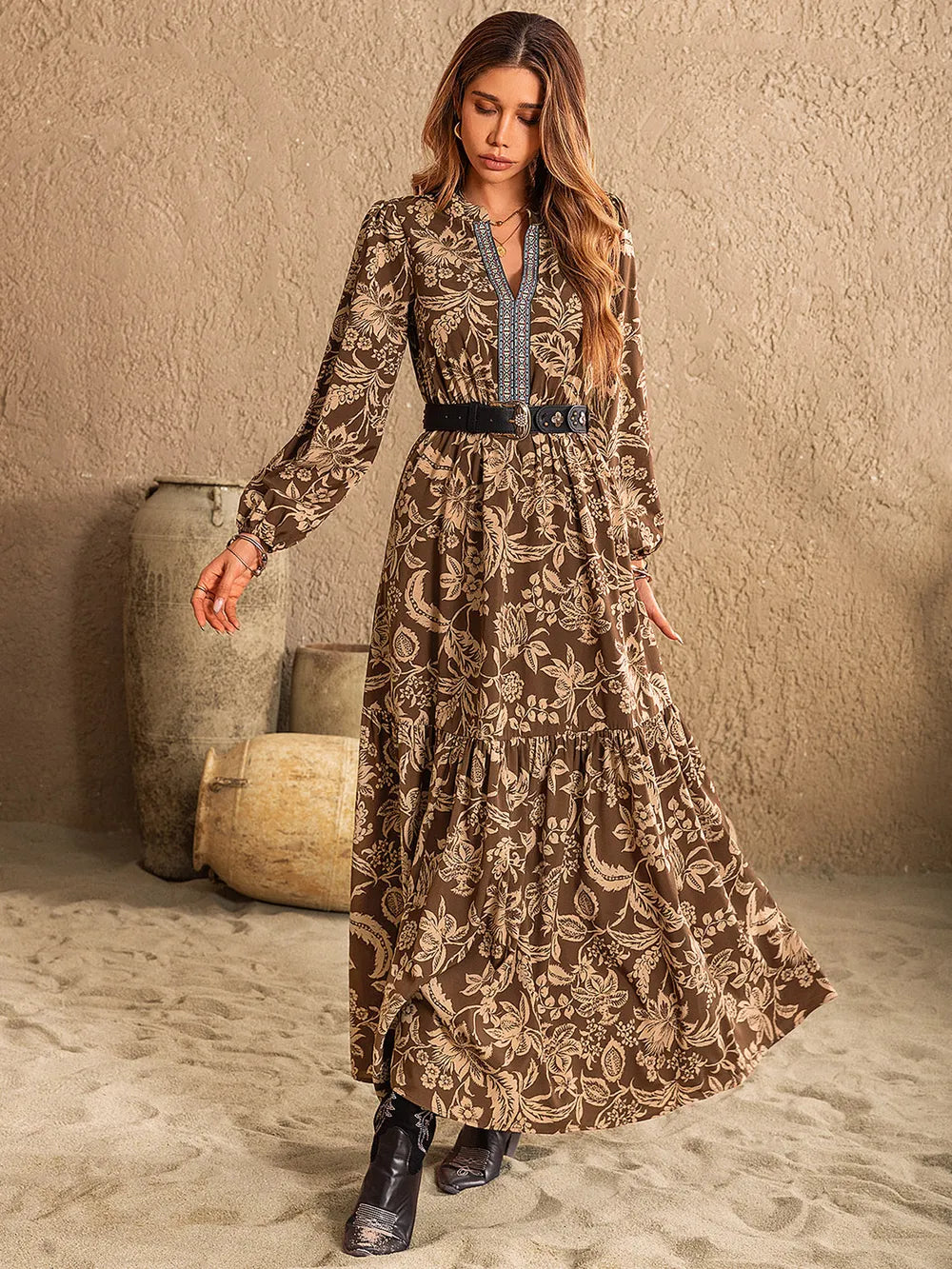 Printed Ruched Long Sleeve Maxi Dress - Elegant Notched Neck Style Crimson Medea