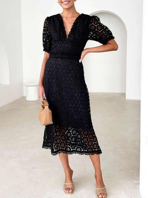 Eyelet Lace V-Neck Midi Dress with Puff Sleeves Crimson Medea