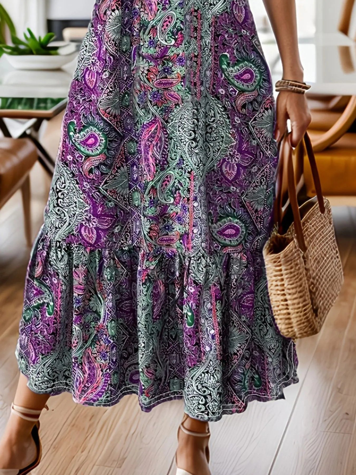 Paisley Print Ruffle Midi Dress - Plus Size Boho Style Crimson Medea