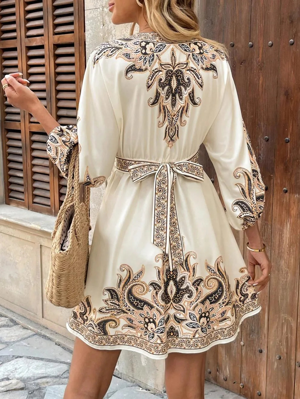 Paisley V-Neck 3/4 Sleeve Mini Dress – Elegant Boho Style Crimson Medea